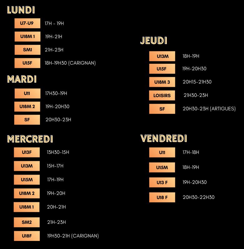 Planning des entrainements 2025 - 2026