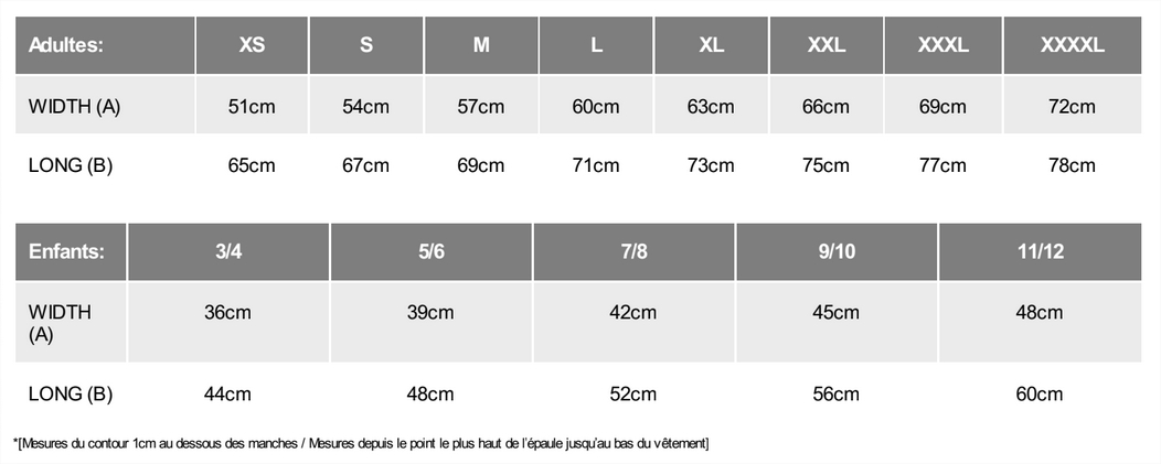 Tableau tailles sweat