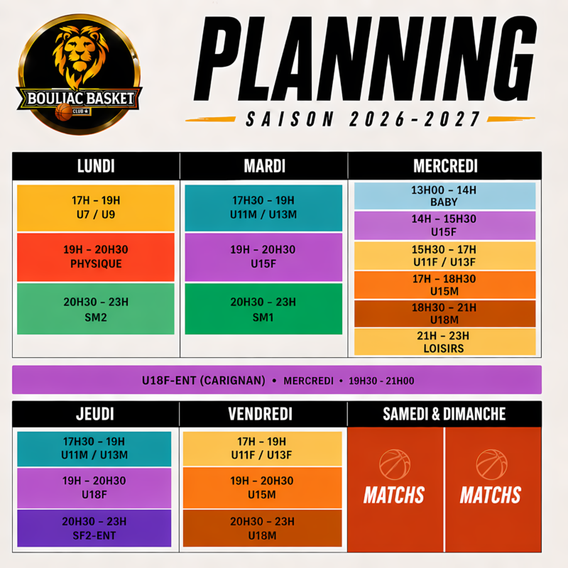 Planning des entrainements 2026 / 2027