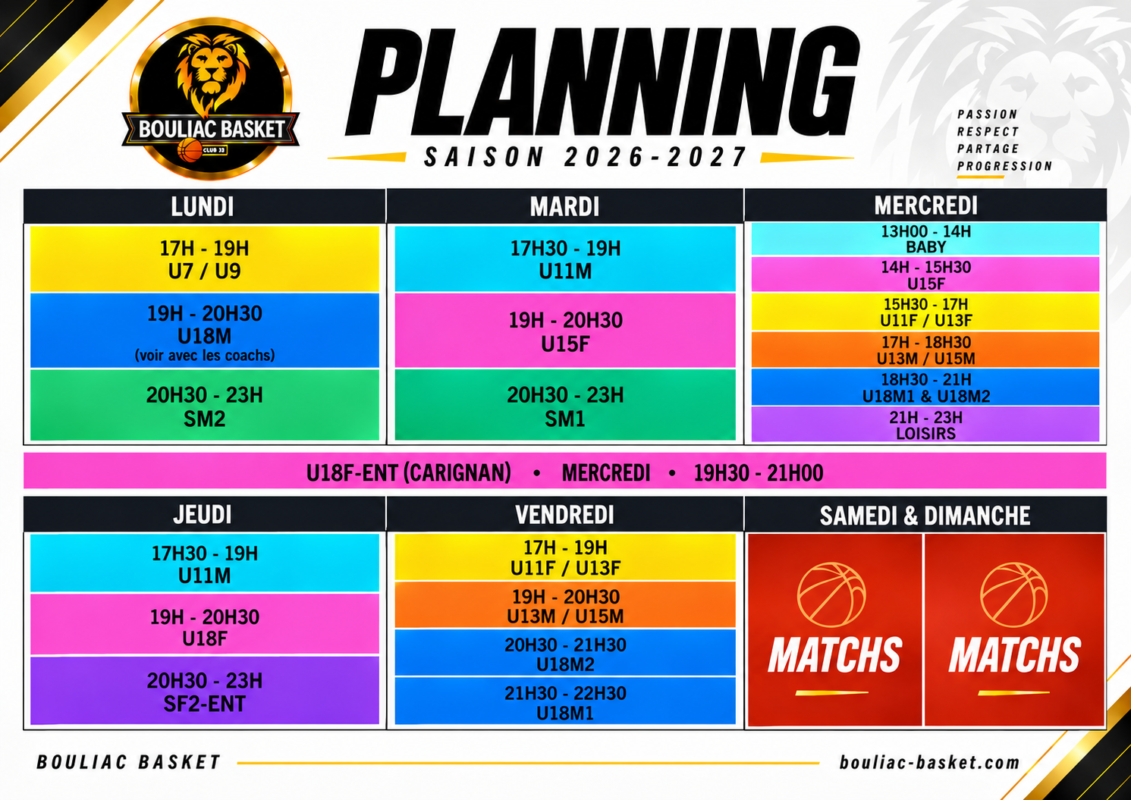 Planning des entrainements 2026 / 2027